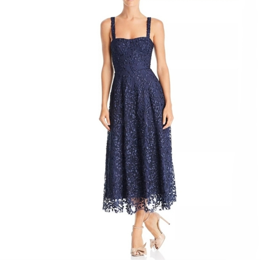 NWT Sau Lee Ambrose Floral Embroidered Bustier Midi Navy Blue Cocktail Dress 2